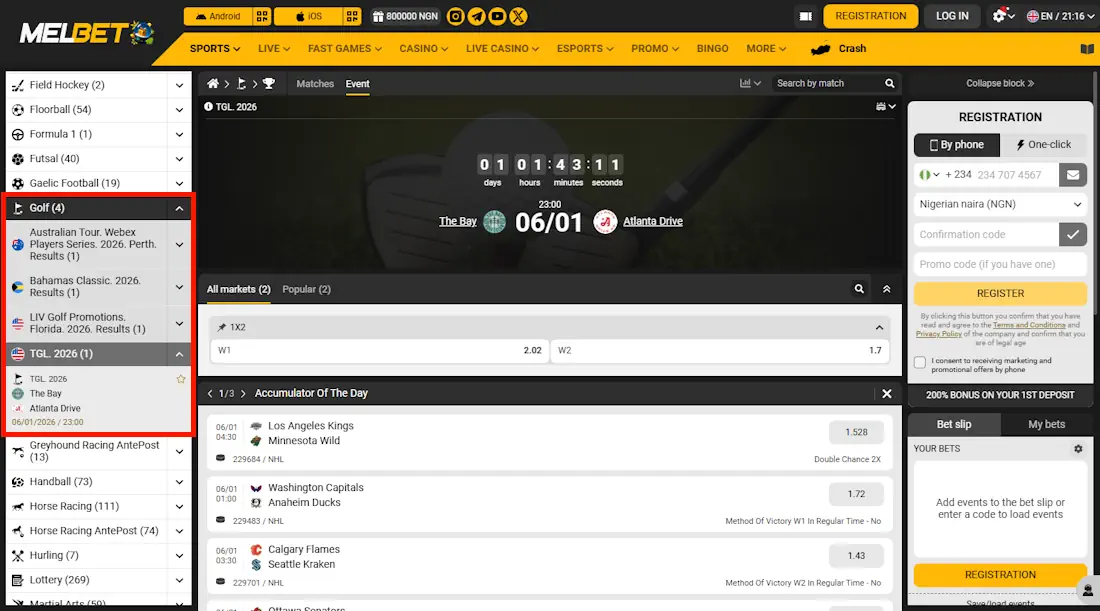 Melbet Golf Betting Screenshot